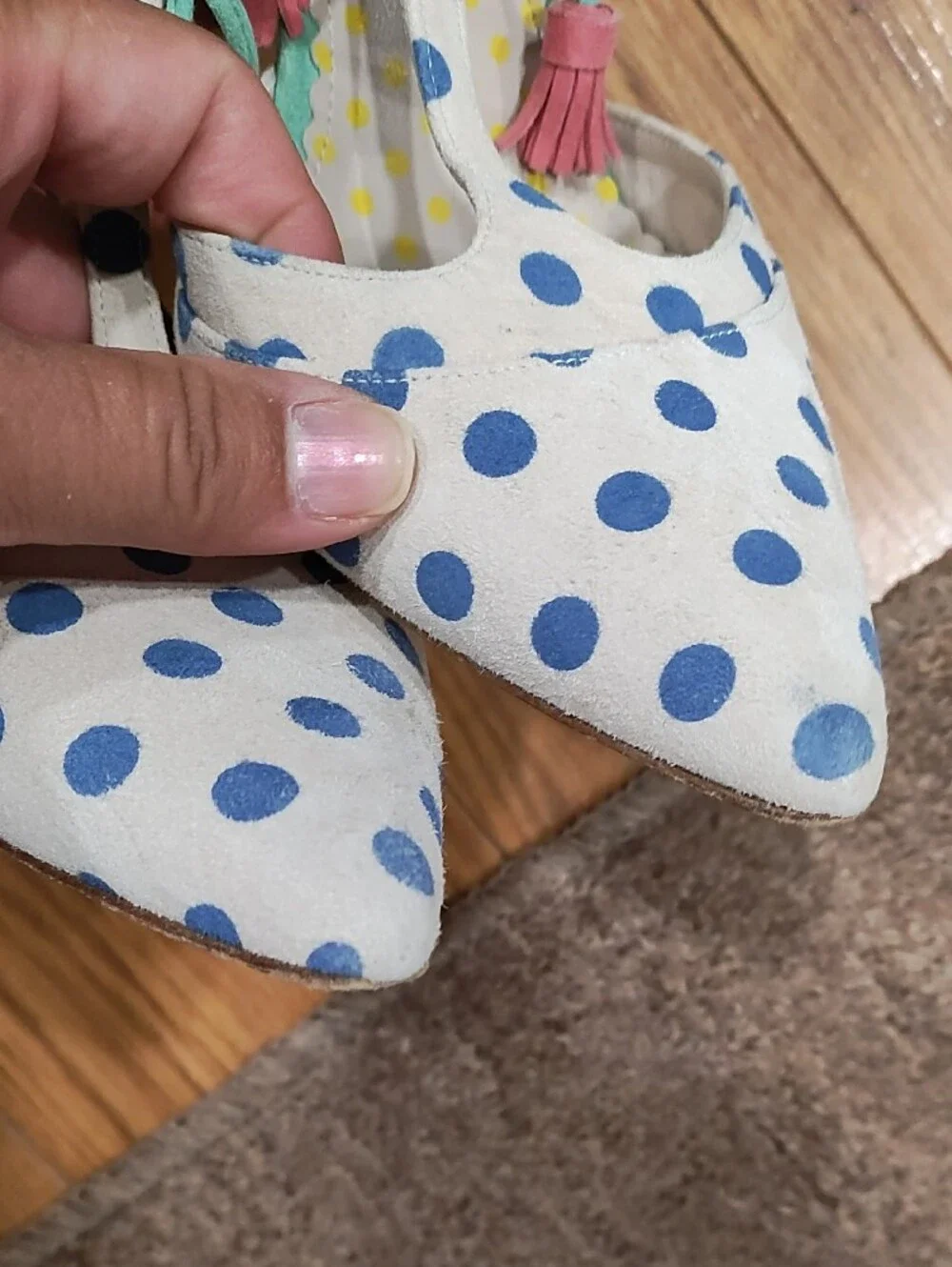 Boden White Pointed-Toe Polka Dot Heels with Blue Dots and Teal Ankle Tie